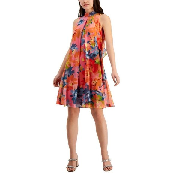 Robbie Bee Women's Floral-Print Sleeveless Trapeze Dress - Pink/orang Size 12 - Picture 1 of 3